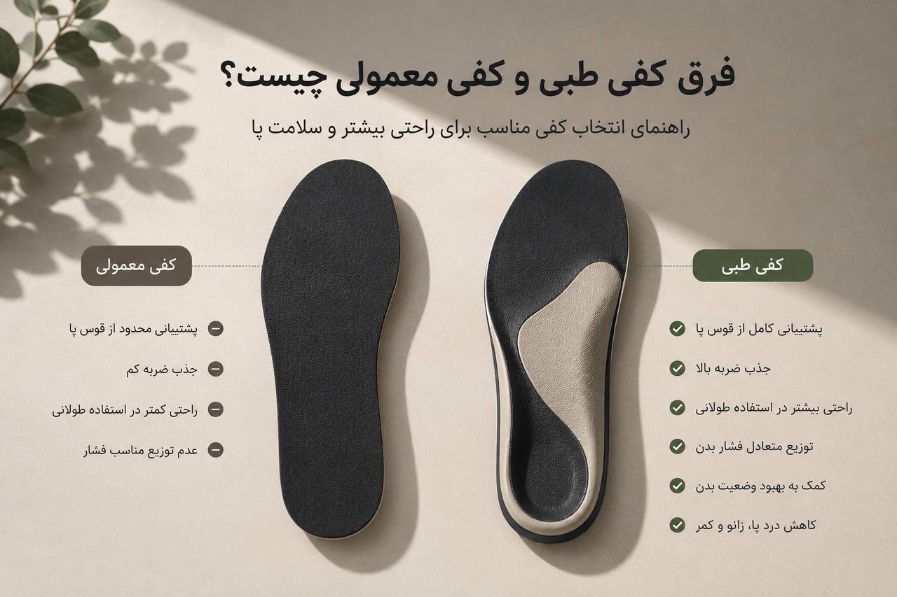 اینفوگرافیک مقایسه تفاوت‌های کفی طبی و کفی معمولی و تاثیر آن‌ها بر سلامت و کاهش درد پا